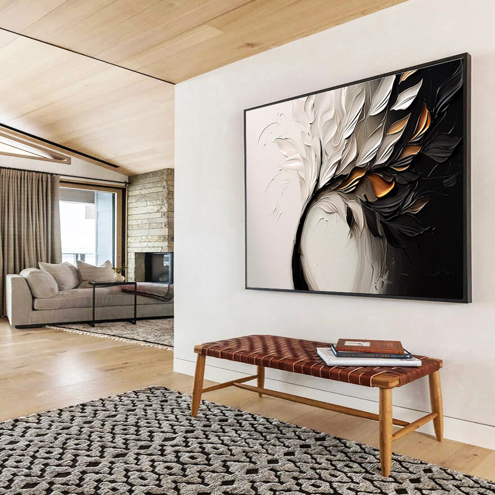 “Elegant Floral Swirl” - White, Black & Gold Floral, Textured Oil Painting On Canvas DKS748