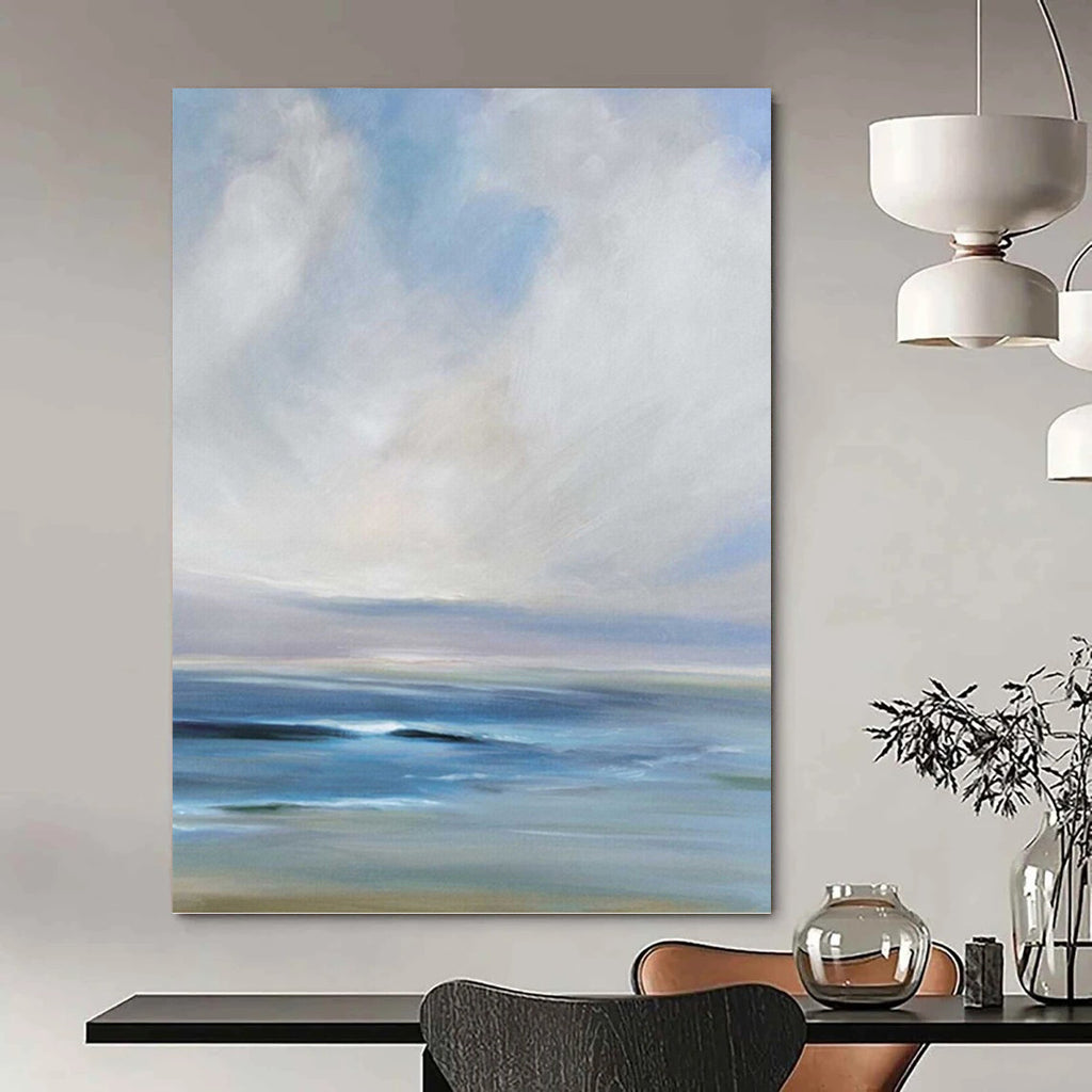“Calm Sea and Sky: Blue - White Impressionistic Landscape” - Serene Coastal Painting On Canvas PT0957
