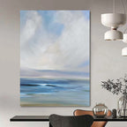 “Calm Sea and Sky: Blue - White Impressionistic Landscape” - Serene Coastal Painting On Canvas PT0957
