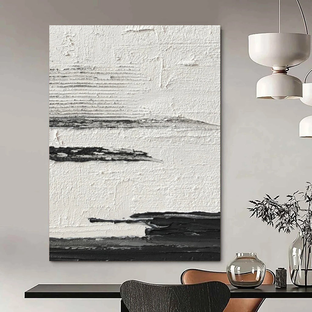 “Textured Black and White Horizons” - Layered Minimalist Painting On Canvas DS369