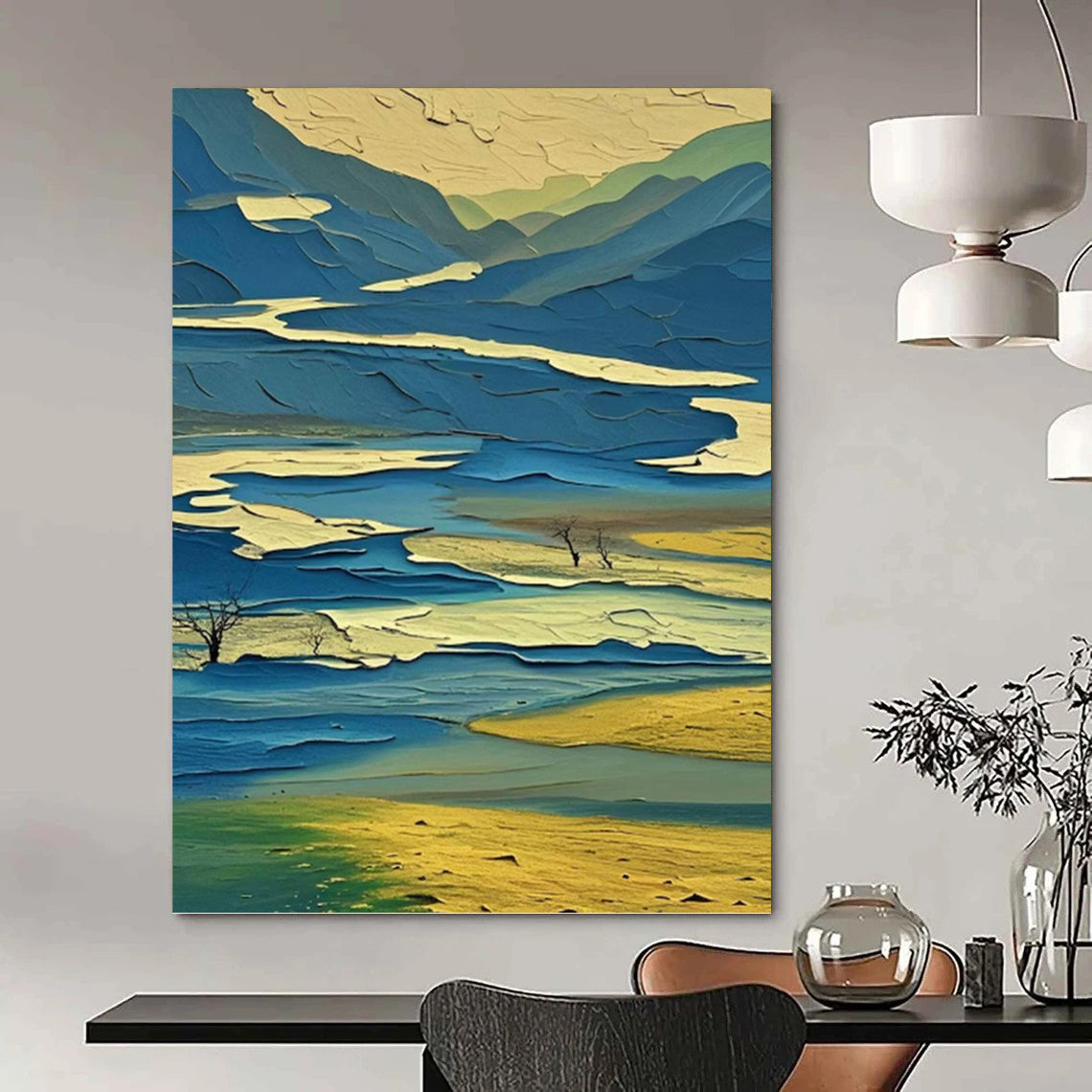 “Layered Blue - Yellow Landscape: Abstract Mountain Art” - Vibrant Geometric Painting On Canvas PT0963