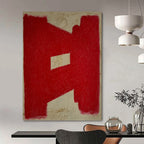 “Red Geometric Shape on Beige” - Bold Color Block Abstract Painting On Canvas PT1076