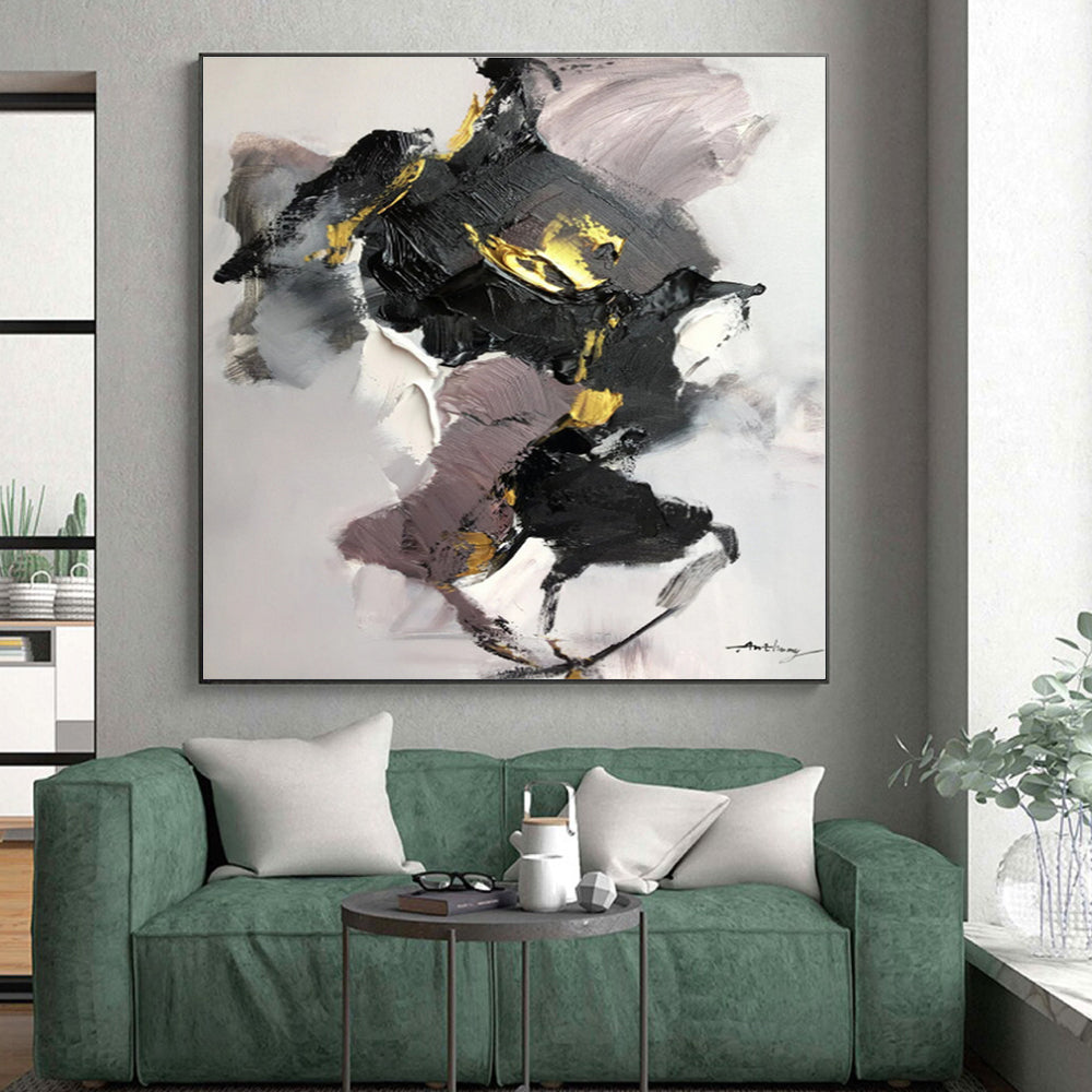 “Black - Gold - Purple Luxe Abstraction” - Black, Gold, Purple, Gray Abstract Painting On Canvas PS0511