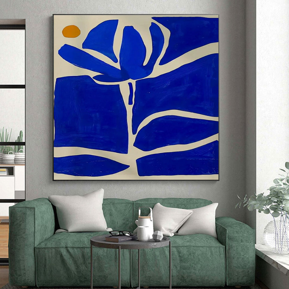 Blue, White & Orange Floral Abstract "Midnight Bloom" Painting On Canvas PS0872