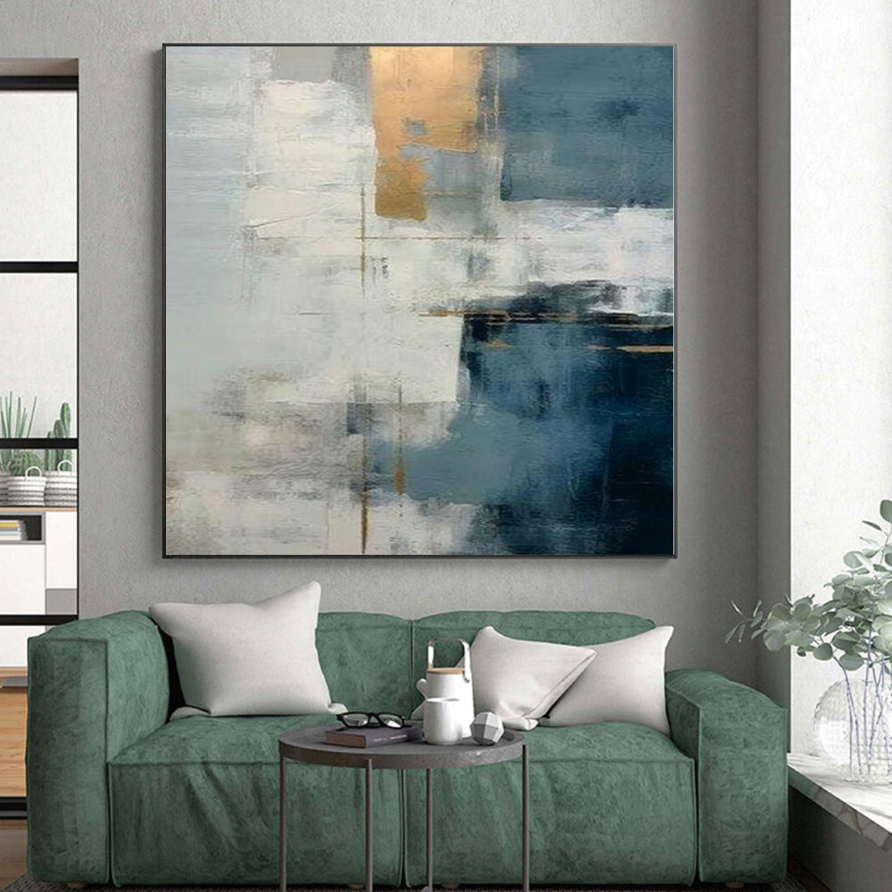 “Repeated Gold - Accented Blue - Grey Abstract” - Contemporary Abstract Painting On Canvas PS0248
