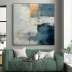 “Repeated Gold - Accented Blue - Grey Abstract” - Contemporary Abstract Painting On Canvas PS0248