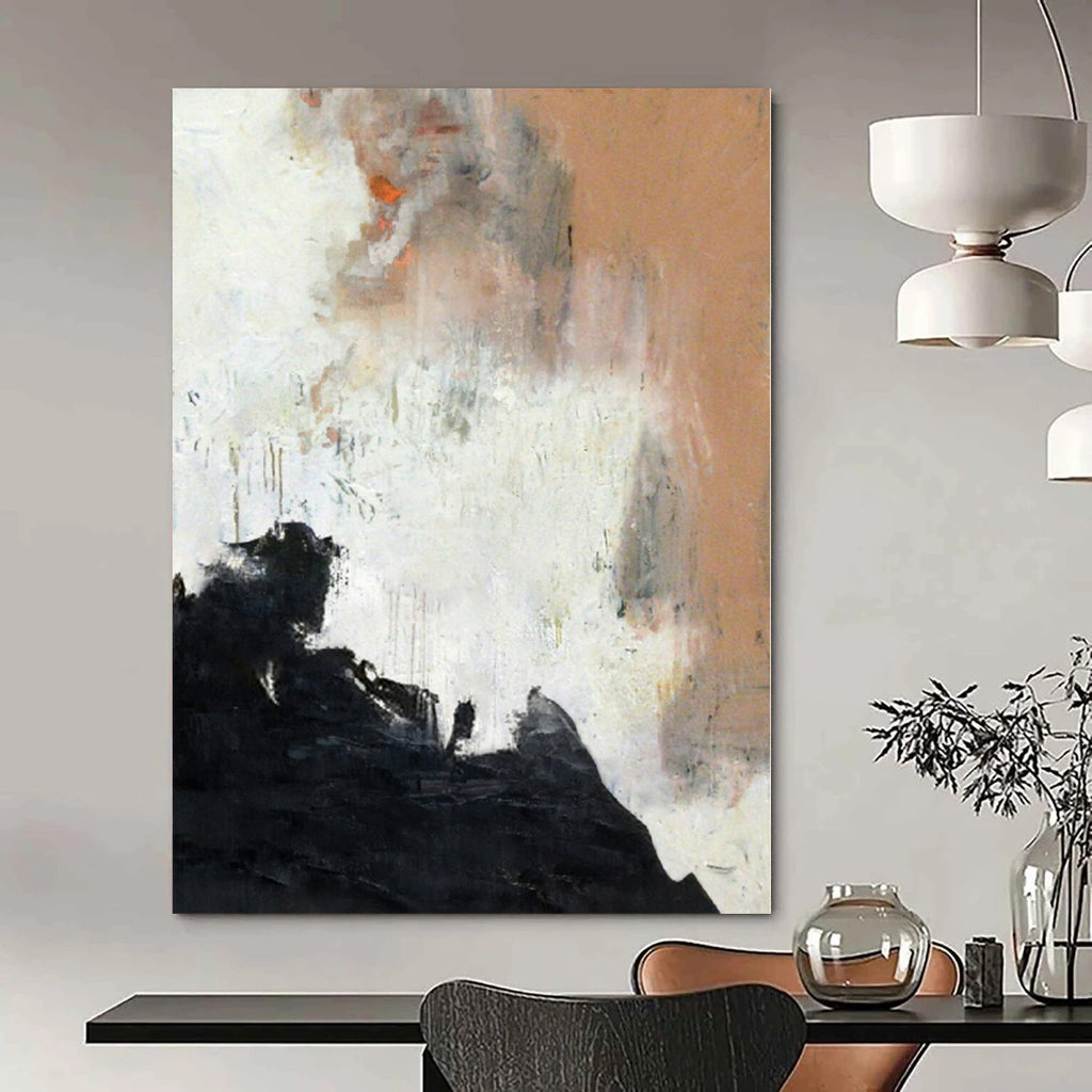 Black, White, Orange and Beige with Dynamic Textures "Fiery Dawn" Abstract Painting On Canvas PS1153