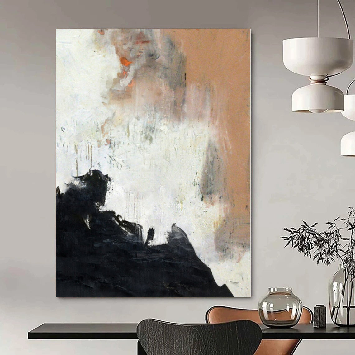 Black, White, Orange and Beige with Dynamic Textures "Fiery Dawn" Abstract Painting On Canvas PS1153