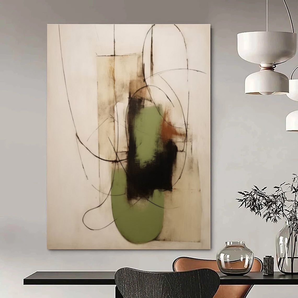 Black, Green, Beige with Curved Lines and Shapes "Organic Fusion" Abstract Painting On Canvas PS1294