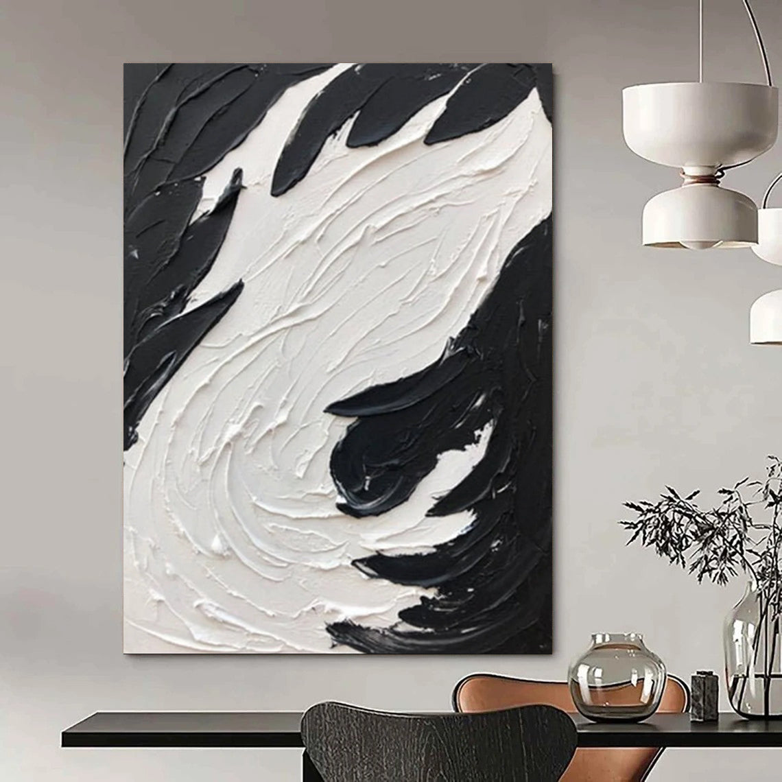 “Swirling Textures: Black and White Abstract” - Energetic Abstract Painting On Canvas DS398