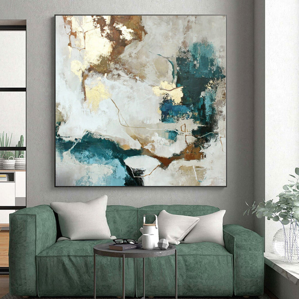 “Gold - Accented Abstract with Teal and Neutrals” - Modern Abstract Painting On Canvas PS0258
