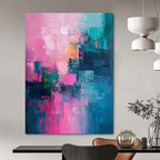 Pink - Teal Abstract Blocks Textured Painting On Canvas DS061