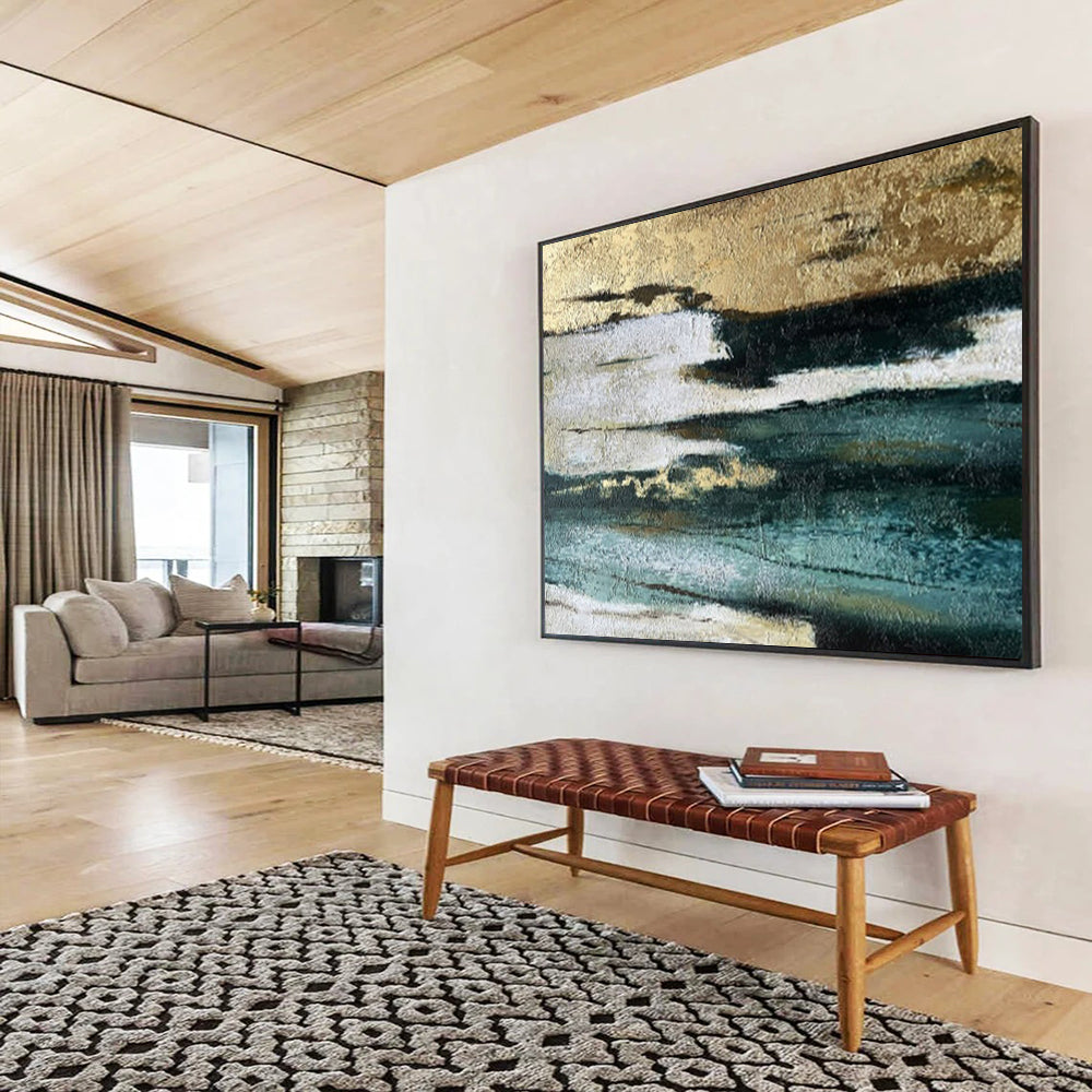 “Gold - Teal - White Textures” - Metallic Accents “Gilded Tide” Painting On Canvas PT1633