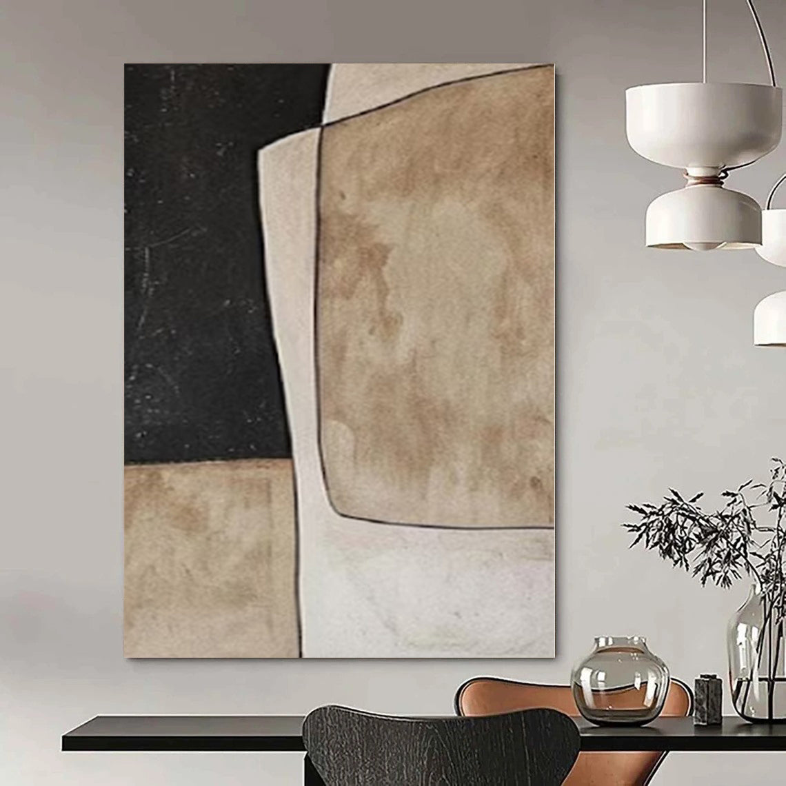Beige and Black Geometric Shapes "Neutral Abstraction" Abstract Painting On Canvas PS1080