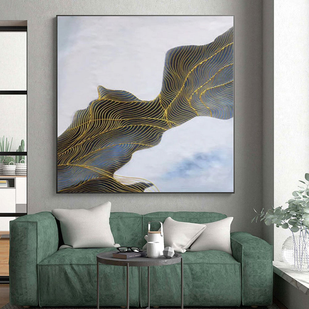 “Blue - Gold Abstract Flowing Waves” - Opulent Abstract Painting On Canvas PS0357