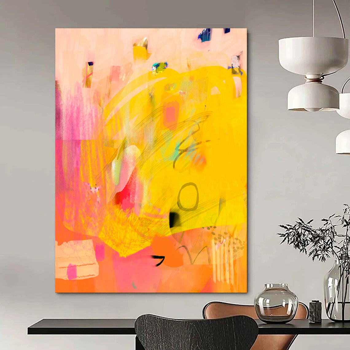 “Sunny Yellow - Pink Abstract Fusion” - Abstract Painting On Canvas PT2005