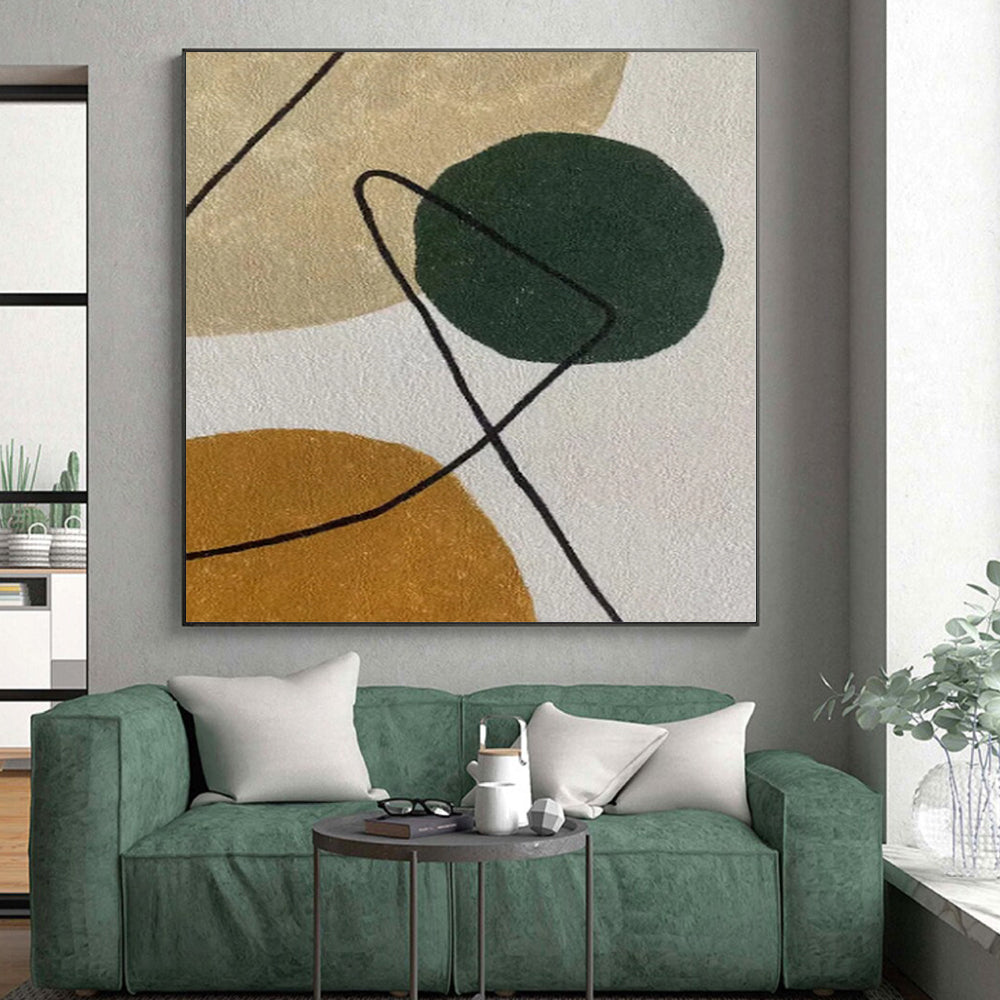 “Circle & Line” - Green, Brown, Black Abstract Shape Painting On Canvas PS0389