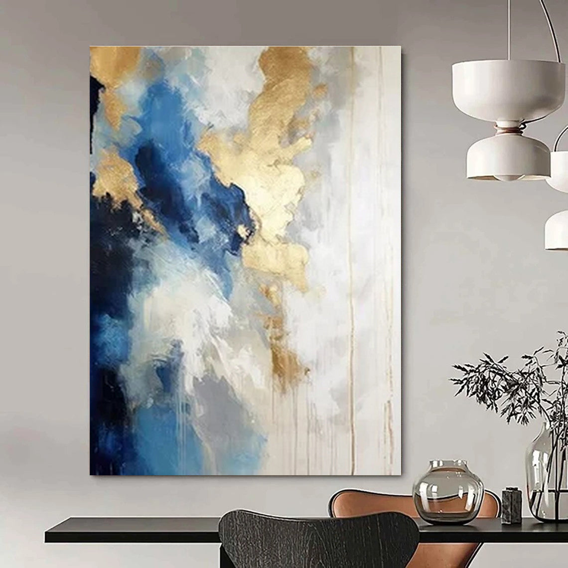 Blue, White, and Gold Abstract Clouds - Flowing Color Abstract Painting On Canvas PS1239