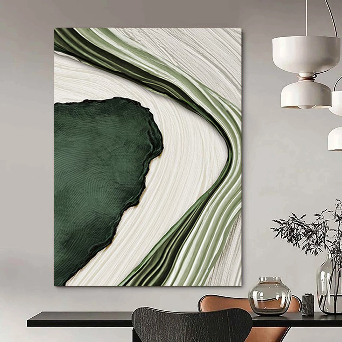 “Green & White Wave Abstraction” - Fluid, Nature - Inspired Painting On Canvas PT1473