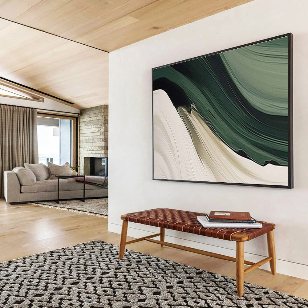 “Flowing Green - Beige Waves” - Green, Beige & White Abstract, Fluid Acrylic Painting On Canvas DKS753