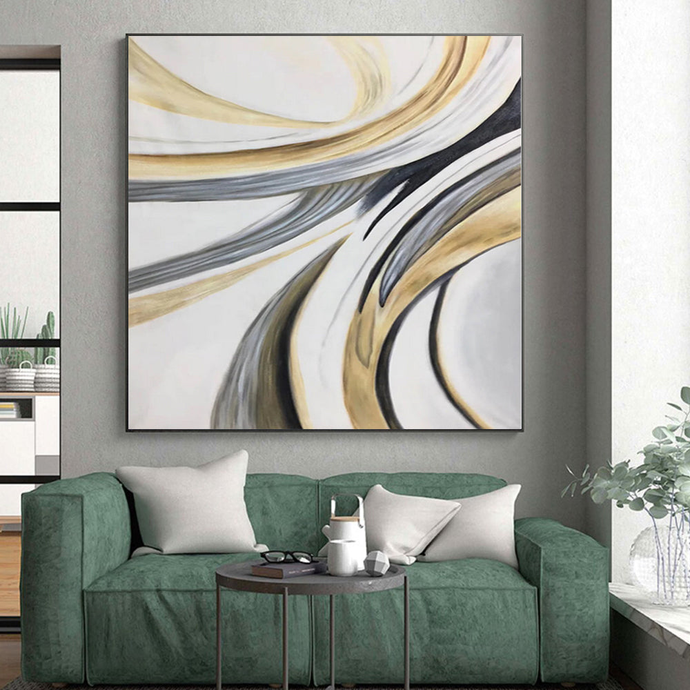 “Flowing Gold - Grey - White Abstract Ribbons” - Elegant Abstract Painting On Canvas PS0320