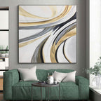 “Flowing Gold - Grey - White Abstract Ribbons” - Elegant Abstract Painting On Canvas PS0320