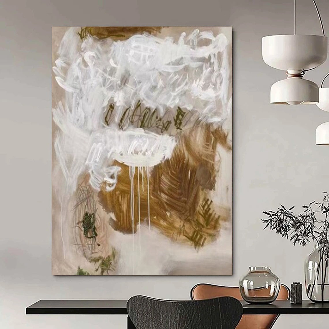 Abstract White and Brown "Expressive Drips" Abstract Expressionist Painting On Canvas PS1085