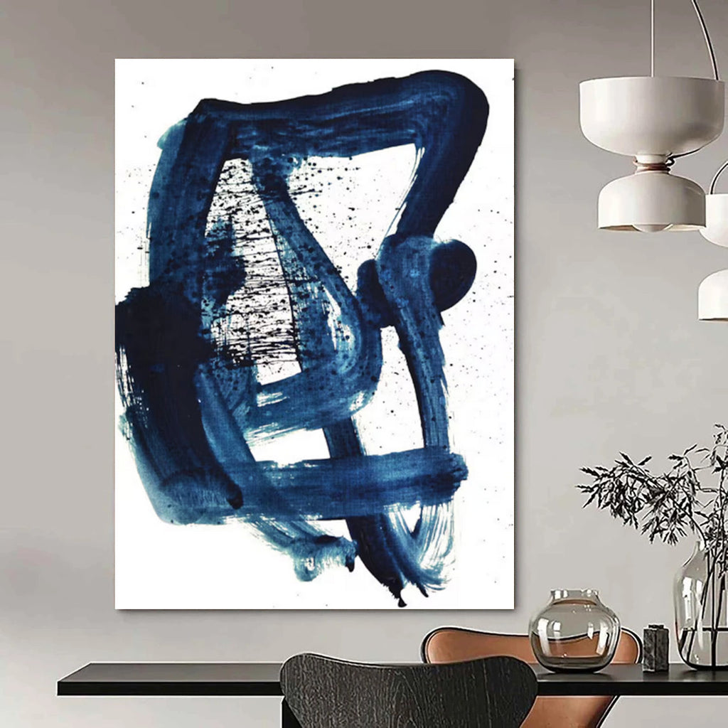“Indigo Ink Abstraction” - Deep Blue Brushstrokes & Splatters Painting On Canvas DS161