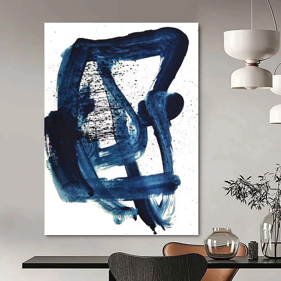“Indigo Ink Abstraction” - Deep Blue Brushstrokes & Splatters Painting On Canvas DS161