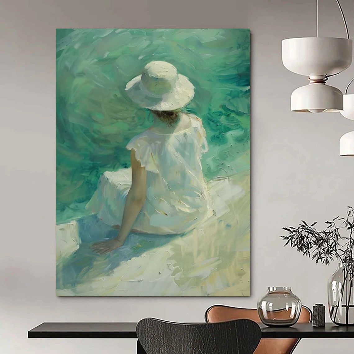 Seaside Lady in White Textured Painting On Canvas DS088