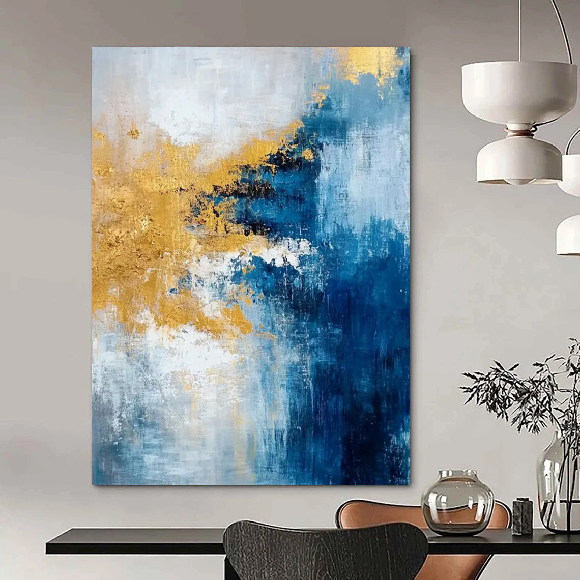 Blue - Gold Abstract Fusion Textured Painting On Canvas DS062