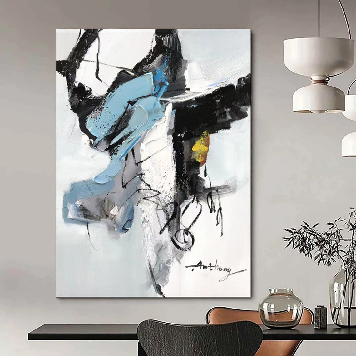 Blue - Gray - Black Abstract Fusion, Reminiscent of Robert Motherwell's Style, Painting On Canvas PT2086