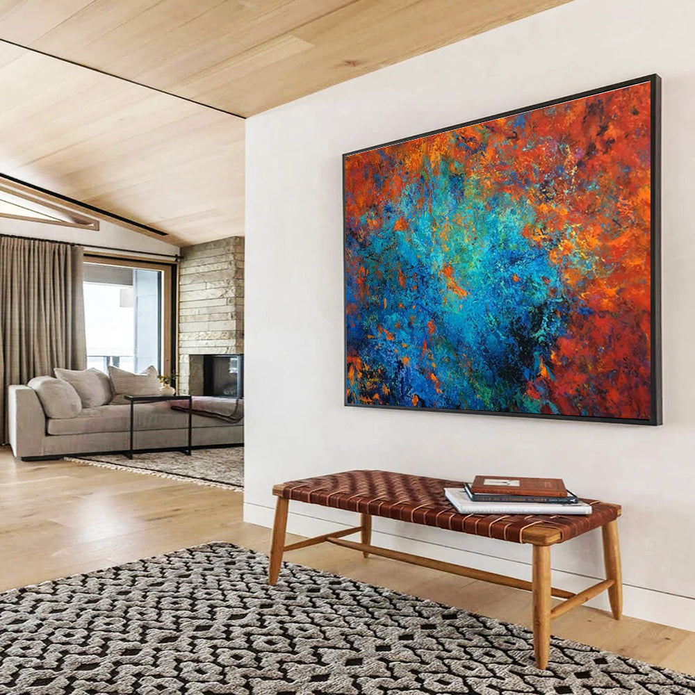 “Fiery Blue Abstract Burst” - Red, Blue & Orange Abstract, Energetic Acrylic Painting On Canvas DKS723