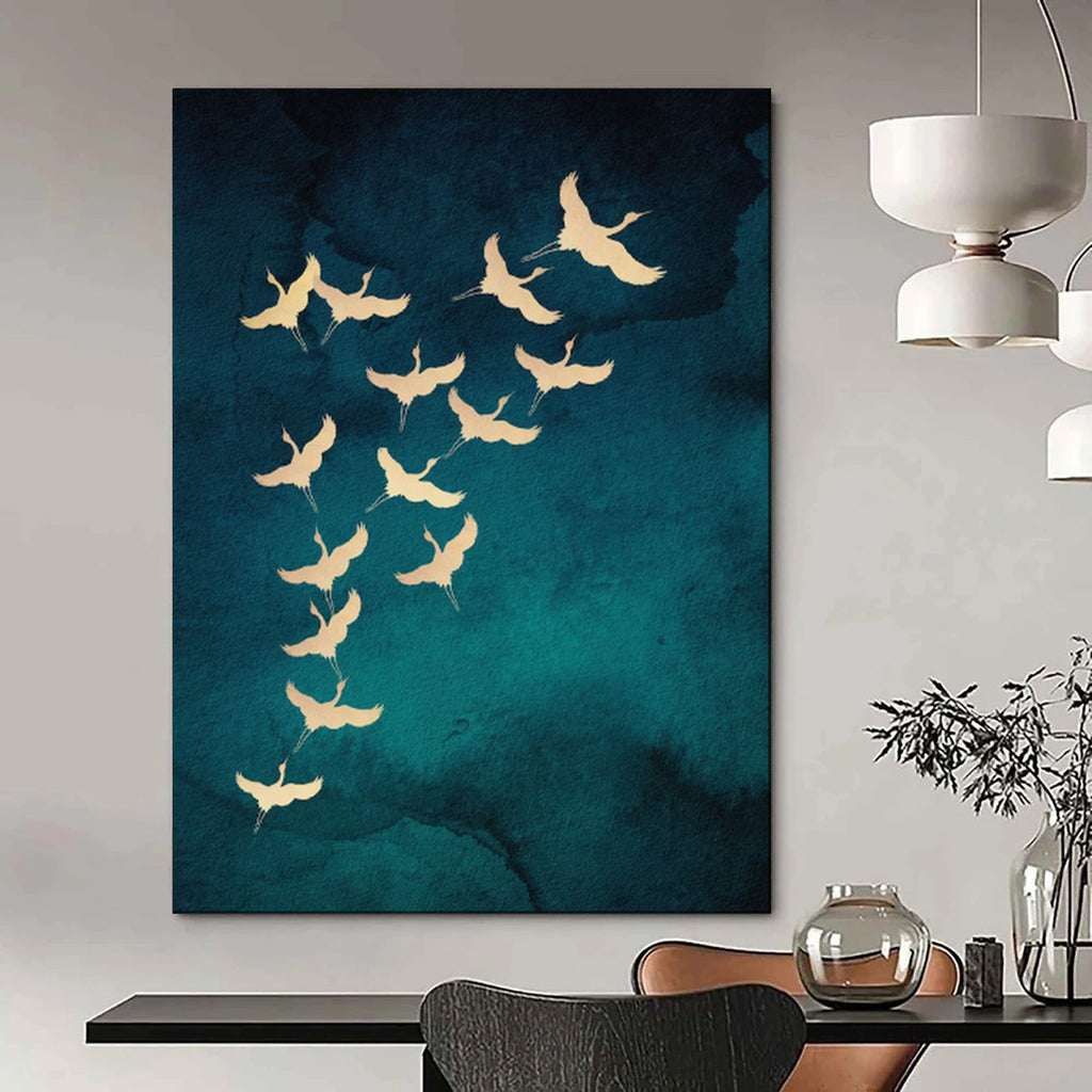 “Golden Cranes on Teal” - Nature - Inspired Painting On Canvas PT1919