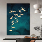“Golden Cranes on Teal” - Nature - Inspired Painting On Canvas PT1919