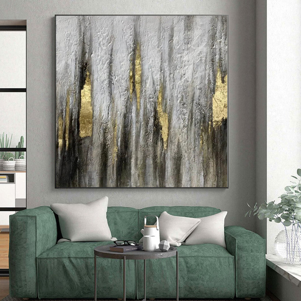 “Textured Grey - Gold Abstract Drip Art” - Luxe Textured Painting On Canvas PS0321