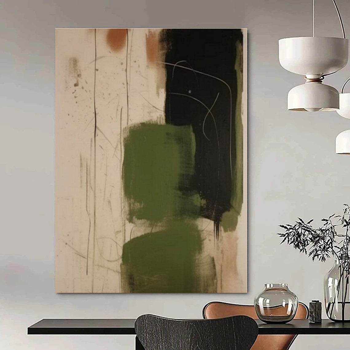 Green, Black, Beige with Loose Strokes "Wild Greens" Abstract Painting On Canvas PS1298