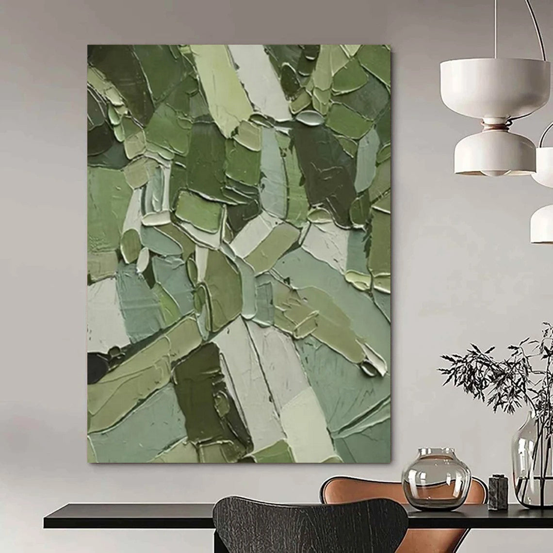 “Green Patchwork Abstract” - Cubist - Inspired Abstract Painting On Canvas PT2296