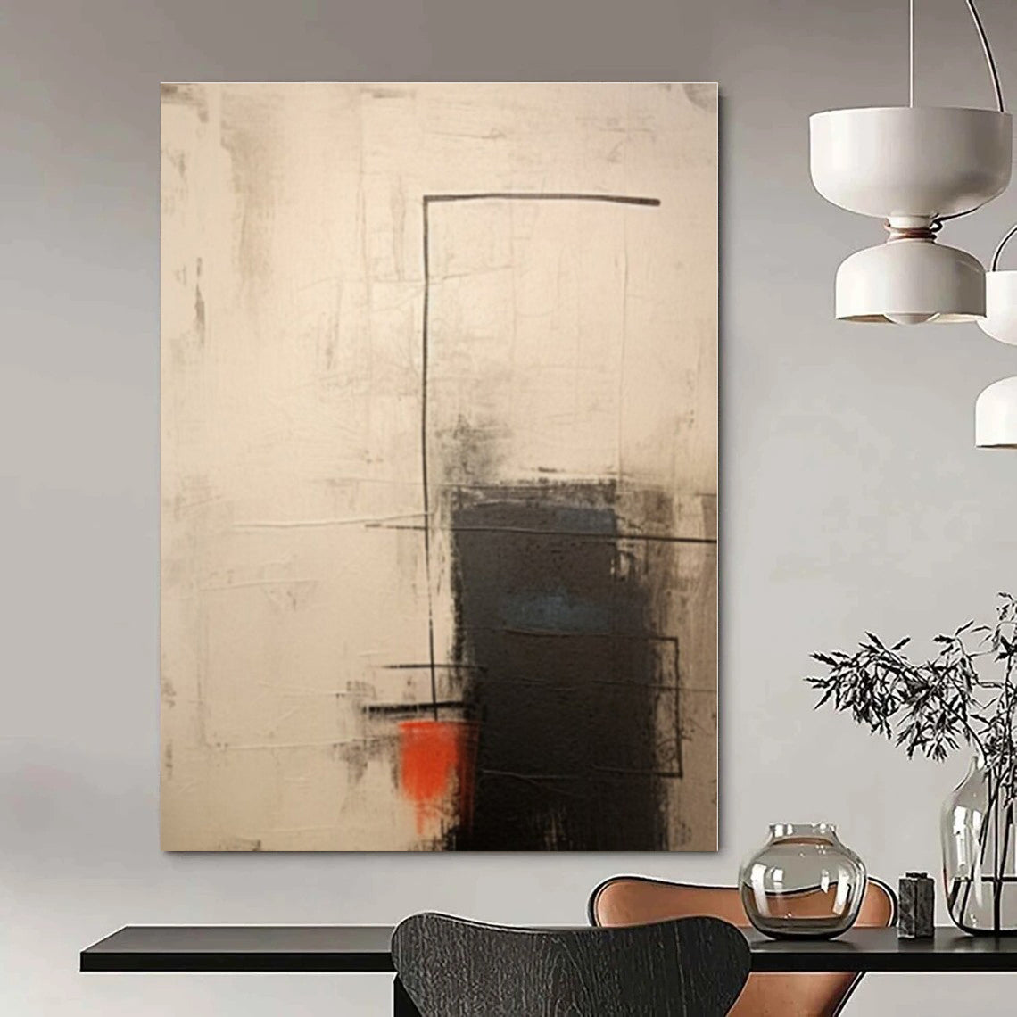 Beige, Black, Red with Geometric Abstraction "Geometric Sparks" Abstract Painting On Canvas PS1291