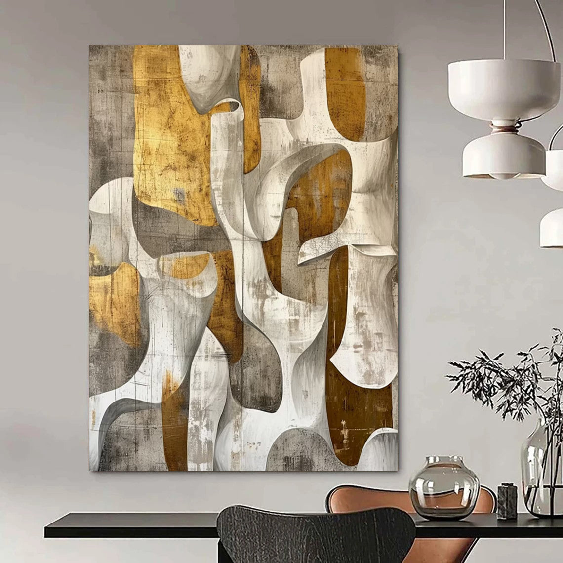 “Gray - Gold Abstract Forms” - Abstract Sculptural Painting On Canvas DS011