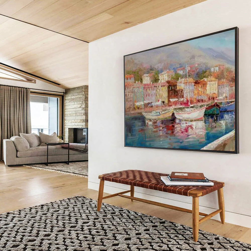 “Colorful Coastal Town with Boats” Impressionist Townscape Painting On Canvas PT1800