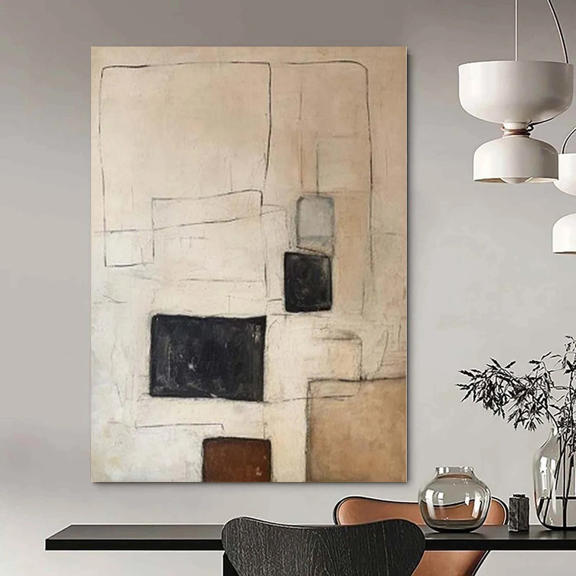 “Beige - Black - Brown Geometric” - Subtle Abstract Painting On Canvas PS0159