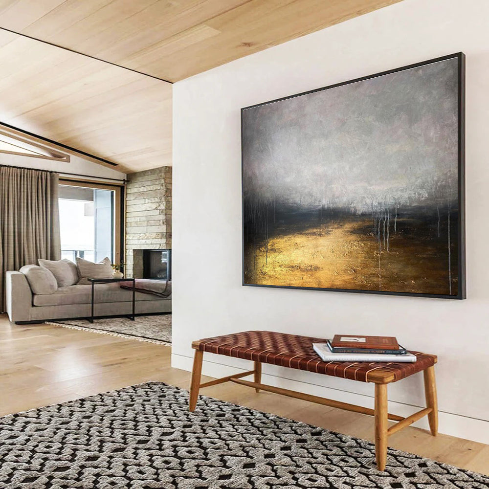 “Gilded Gray Abyss” - Gray, Gold & Black Abstract, Mixed - Media Painting On Canvas DKS782