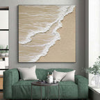 “Sandy Beach Waves” - Beige, White Abstract Seascape Painting On Canvas PS0662