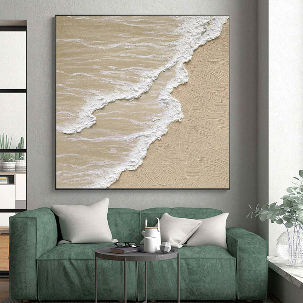 “Sandy Beach Waves” - Beige, White Abstract Seascape Painting On Canvas PS0662