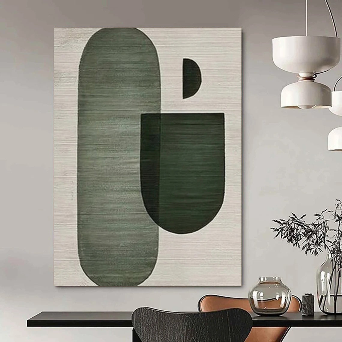 “Green - Grey Geometric Shapes” - Abstract Composition Painting On Canvas PT1132