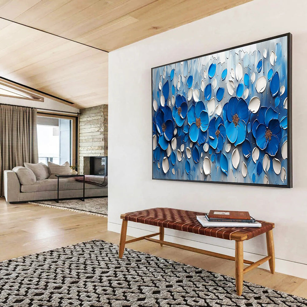 “3D Blue Floral Burst” - Sculptural Flower Painting On Canvas PT173