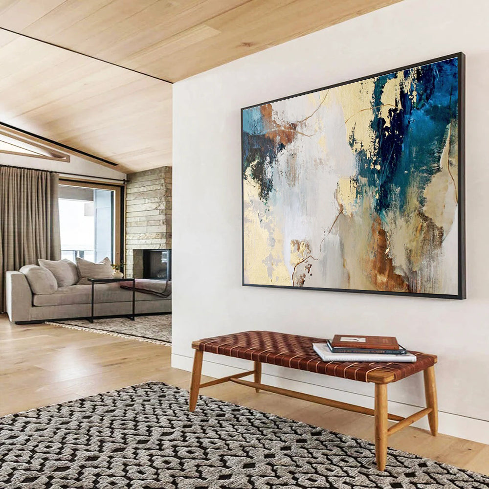 “Blue And Gold Abstract Interplay” - Luxe Abstract Painting On Canvas DKS512