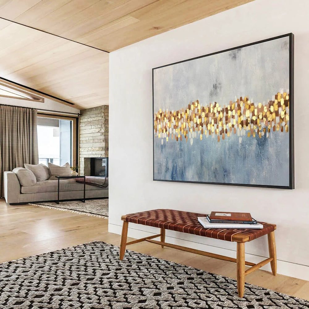 “Gold - Dotted Blue Abstract” Abstract Painting On Canvas DKS164