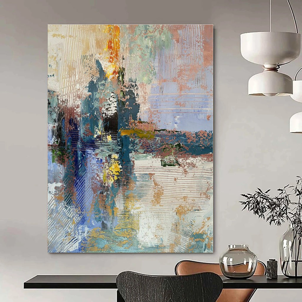 Blue, Green, Yellow, Pink with Textured Strokes "Dreamy Harbor" Abstract Painting On Canvas PS1397